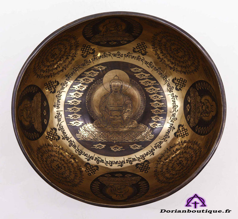 Bol Gravé de Guérison Tibétain - 21cm - 5 Bouddhas 1.2kg