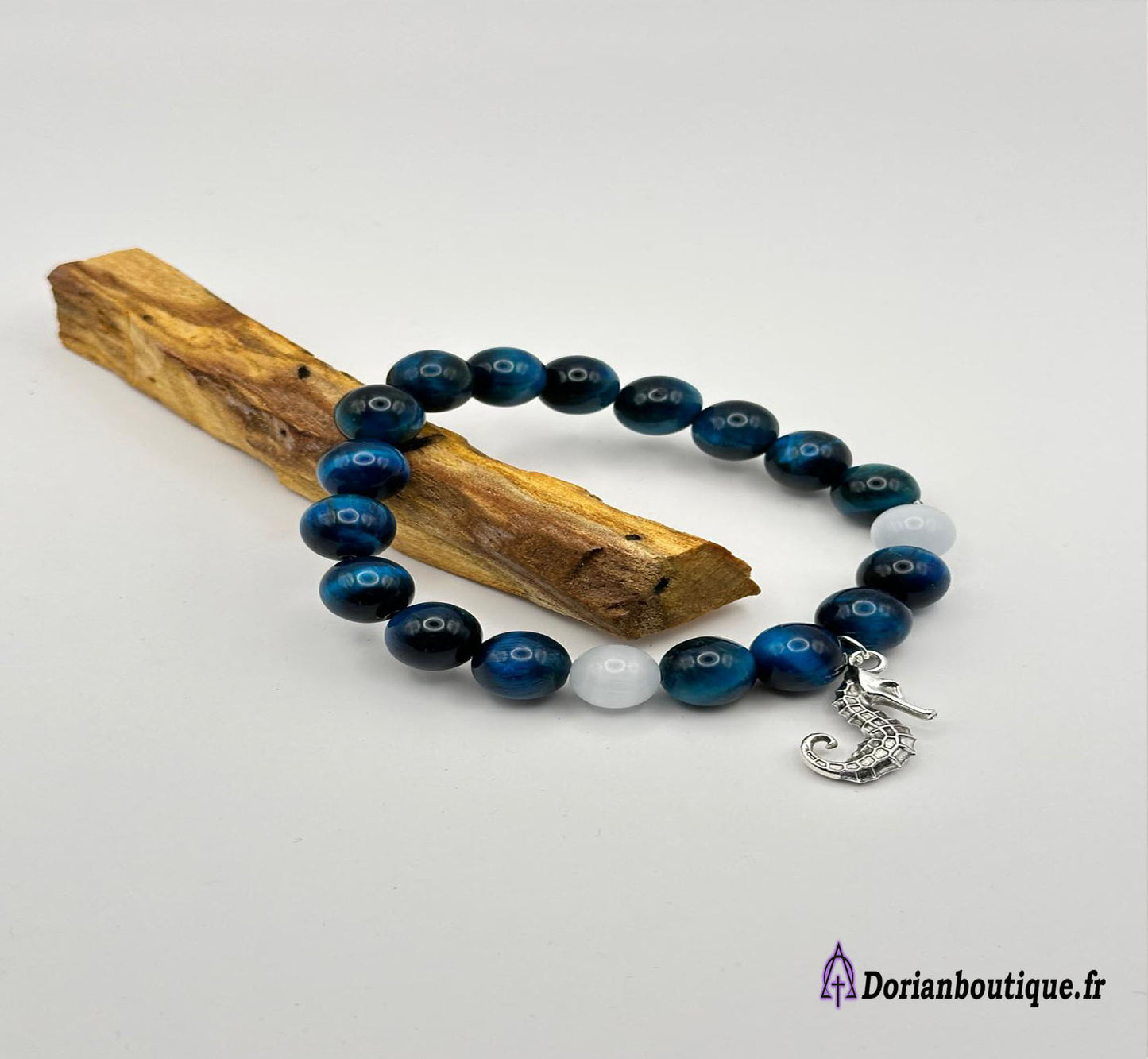 Bracelet oeil de tigre bleu oeil de chat et hypocampe