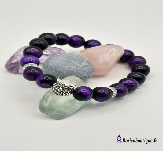 Bracelet oeil du tigre violet et sa chouette