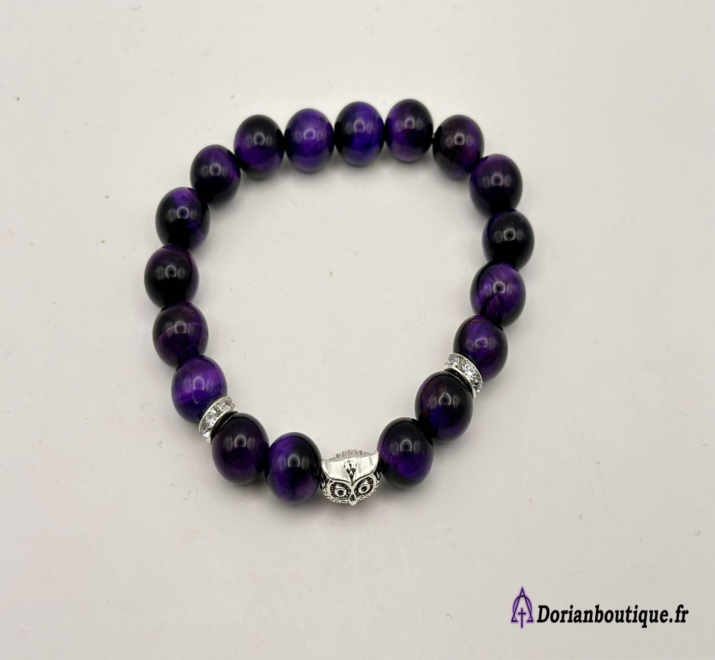 Bracelet oeil du tigre violet et sa chouette