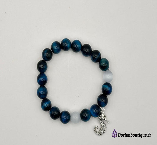 Bracelet oeil de tigre bleu oeil de chat et hypocampe